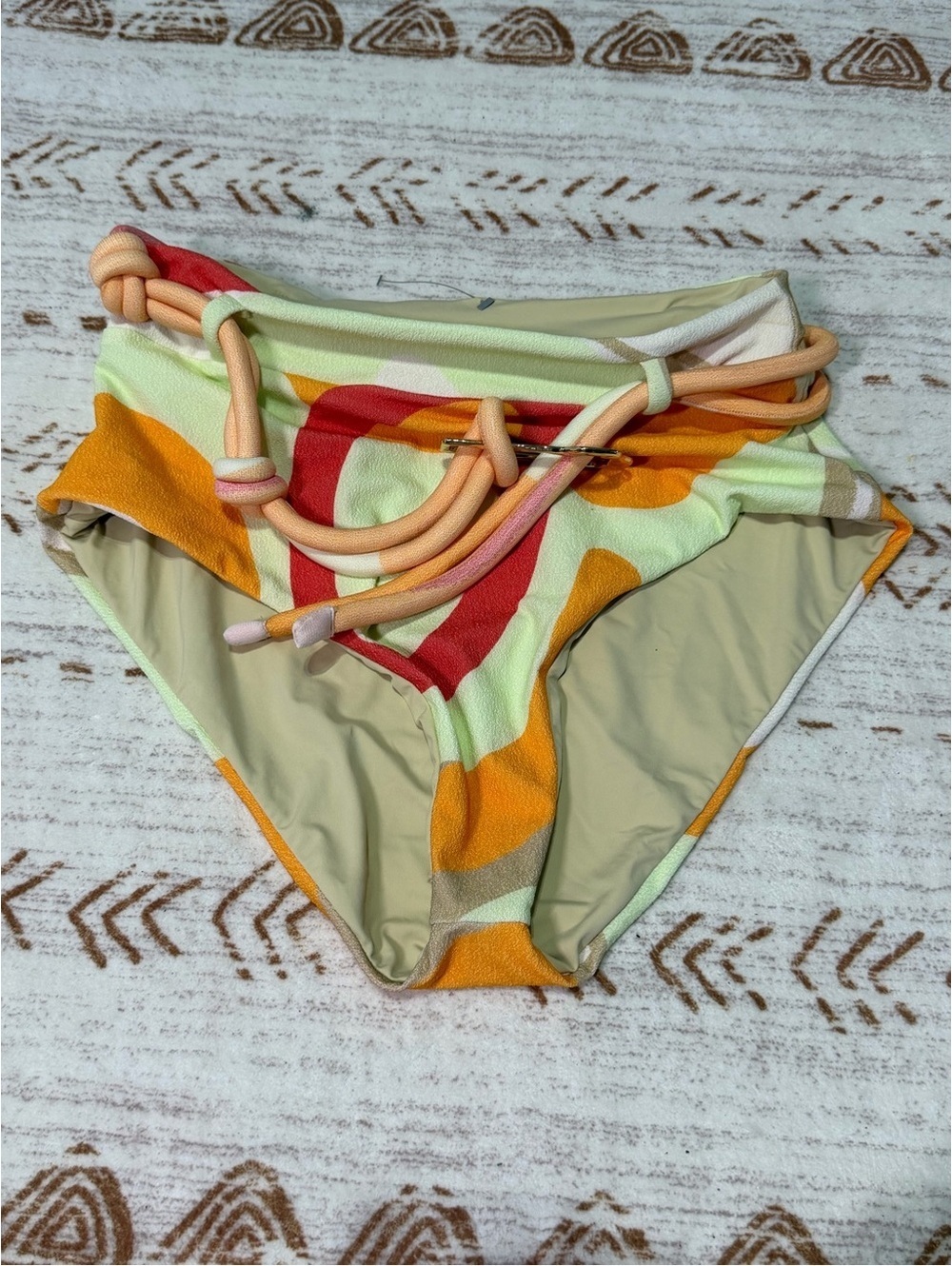 NEW Revel Rey Cream and Orange high waisted bikini bottoms with belt - L